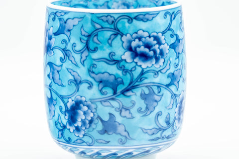 Japanese Teacup - Large Blue Floral Gold Kanji Arita-yaki Yunomi - 240ml - Tezumi