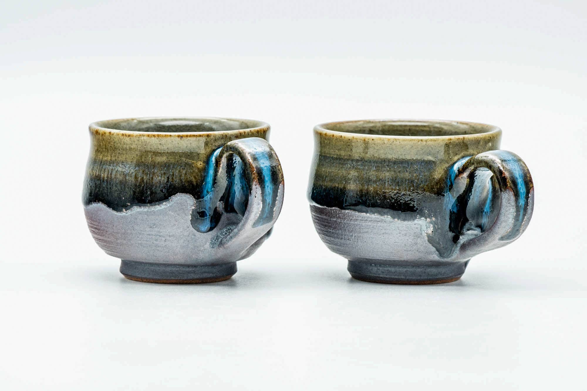 Japanese Teacups - Pair of Blue Green Drip-Glazed Ushirode Yunomi - 90ml