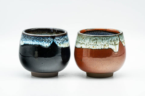 Tezumi — Japanese Teacups - Pair of Black and Red White Drip-Glazed Yunomi - 110ml — front view from another angle