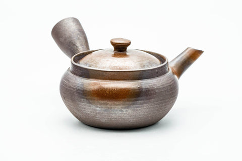 Japanese Kyusu - Ash Glazed Banko-yaki Mesh Teapot - 230ml - three-quarter rear view, spout to the right, lid on