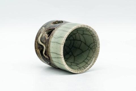 Tezumi — Japanese Teacup - Small Celadon Glazed Obori Soma-yaki Guinomi - 25ml — three-quarter view