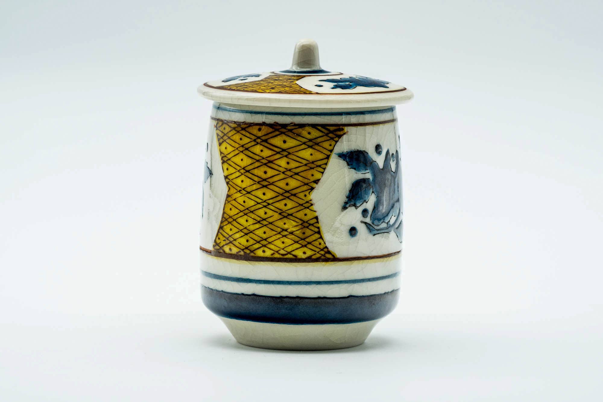 Japanese Teacup - Beige Blue Geometric Kutani-yaki Lidded Yunomi - 160ml