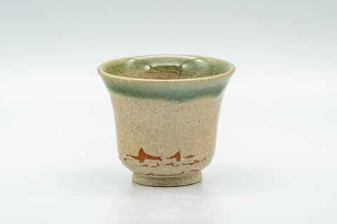 Japanese Teacups - Set of 5 Beige Green Glazed Guinomi - 40ml - front view of a single guinomi
