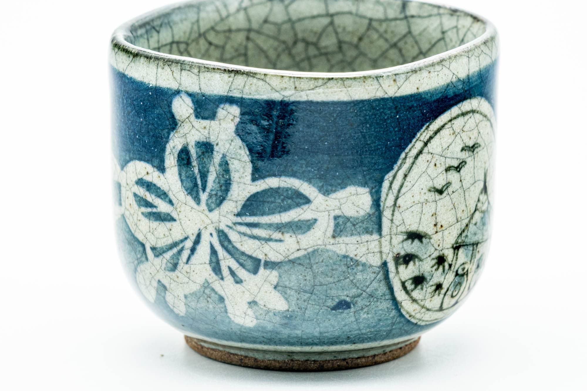 Japanese Teacup - Floral Geometric Blue Green Celadon Yunomi - 100ml