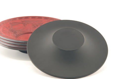 Japanese Chataku - Set of 5 Red Lacquer Kamakura-bori Landscape Tea Saucers