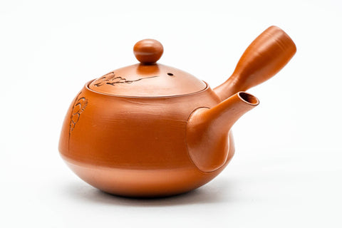 Japanese Kyusu - Floral Engraved Red Shudei Tokoname-yaki Ceramic Filter Teapot - 275ml - three-quarter front view showing the lid knob and side handle