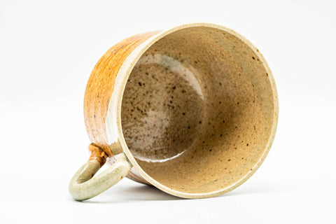 Japanese Teacup - Green Glazed Shigaraki-yaki Ushirode Rear-Handled Yunomi - 150ml - tilted view showing the interior