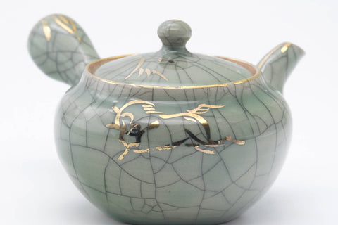 Tezumi — Japanese Kyusu - Golden Horse Green Celadon Glazed Obori Soma-yaki Porcelain Teapot - 200ml — closeup of the base