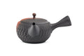 Black-and-red yōhen Tokoname kyusu teapot with side handle and dimpled tochiri texture - view with the handle to the right and spout to the back