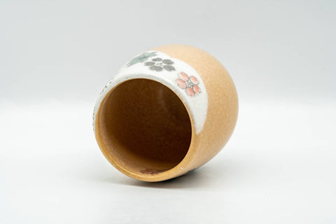 Japanese Teacup - Large Floral Kanji Orange Celadon Glazed Yunomi - 260ml