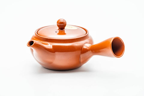 Japanese Kyusu - Red Shudei Tokoname-yaki Obi-ami Mesh Teapot - 325ml - rear three-quarter view with the handle extended