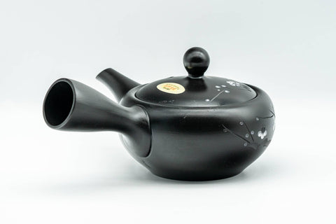 Japanese Kyusu - Floral Engraved Black Kurodei Tokoname-yaki Obi-ami Teapot - 300ml