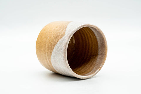 Japanese Teacup - Beige White Glazed Weathered Hagi-yaki Yunomi - 190ml - tilted overhead view showing the interior and rim