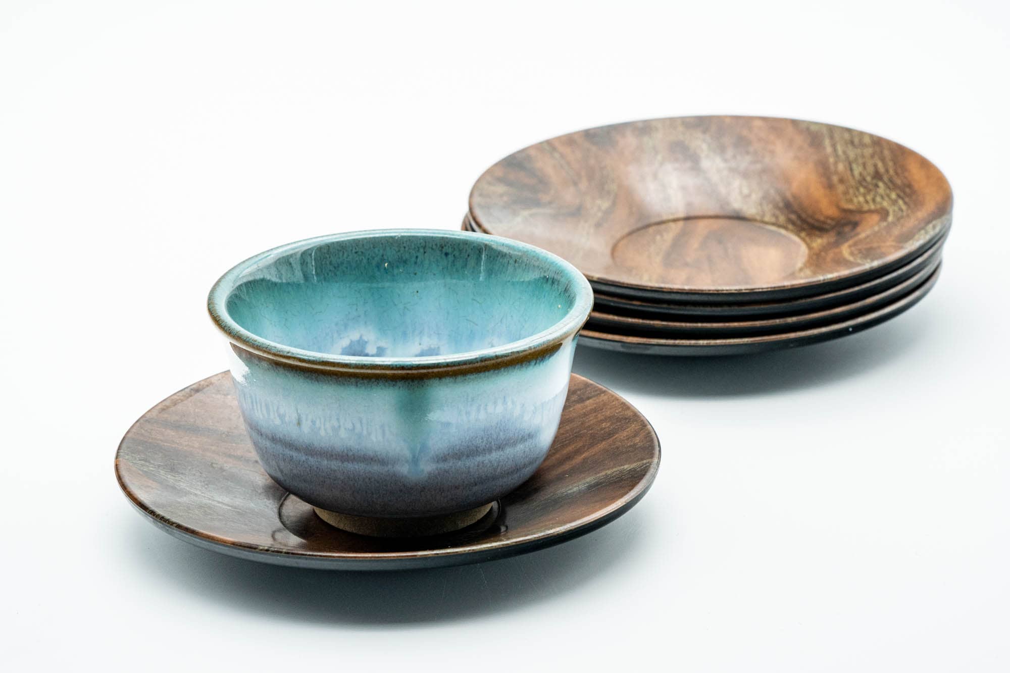 Japanese Chataku - Set of 5 Woodgrain Black Lacquered Tea Saucers