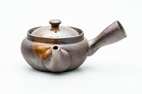 Japanese Kyusu - Ash Glazed Banko-yaki Mesh Teapot - 230ml - front view, lid on, spout pointing left