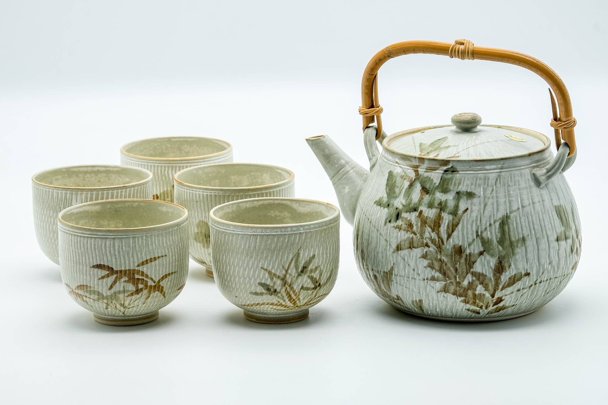 Japanese Tea Set - Beige Speckled Floral Kiyomizu-yaki Dobin Teapot with 5 Yunomi Teacups