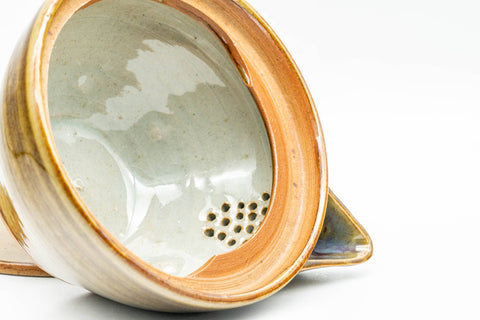 Japanese Tea Set - Green Purple Drip-Glazed Houhin Teapot with Katakuchi Water Cooler and 5 Yunomi Teacups - view showing the built-in strainer holes inside the houhin
