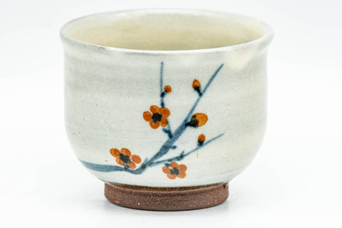 Japanese Teacup - Floral Grey Glazed Guinomi - 50ml - front view of the colourful plum blossom decoration