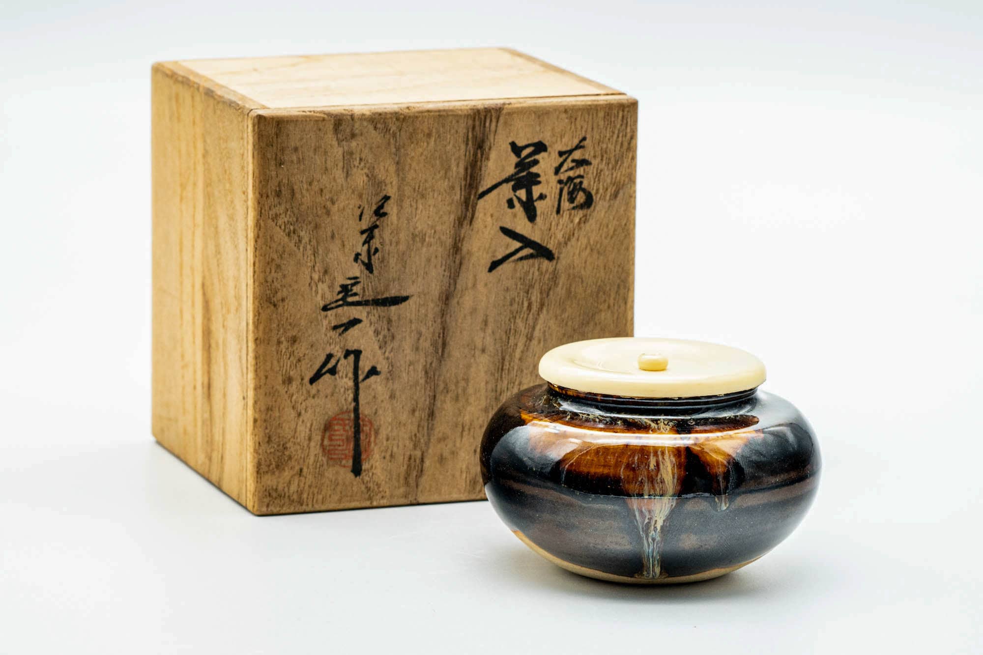 Japanese Chaire - 桶谷定一 Teiichi Oketani - Black Drip-Glazed Taikai Kyo-yaki Tea Canister