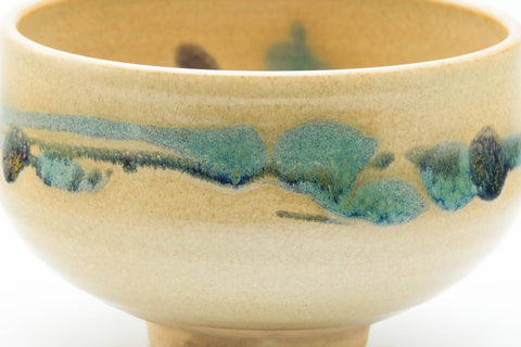 Japanese Matcha Bowl - Beige Green Abstract Kyo-yaki Chawan - 300ml