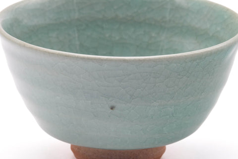 Tezumi — Japanese Matcha Bowl - Green Celadon Glazed Komogai-nari Chawan - 400ml — tipped to show the interior