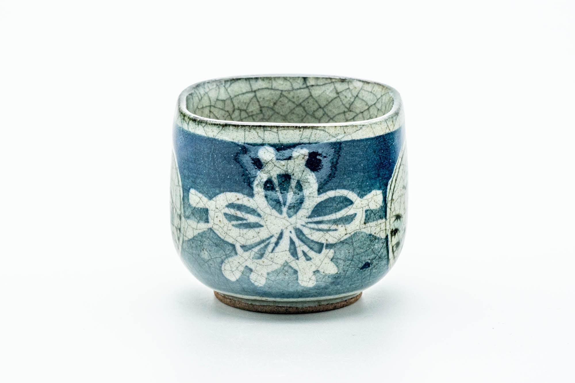 Japanese Teacup - Floral Geometric Blue Green Celadon Yunomi - 100ml
