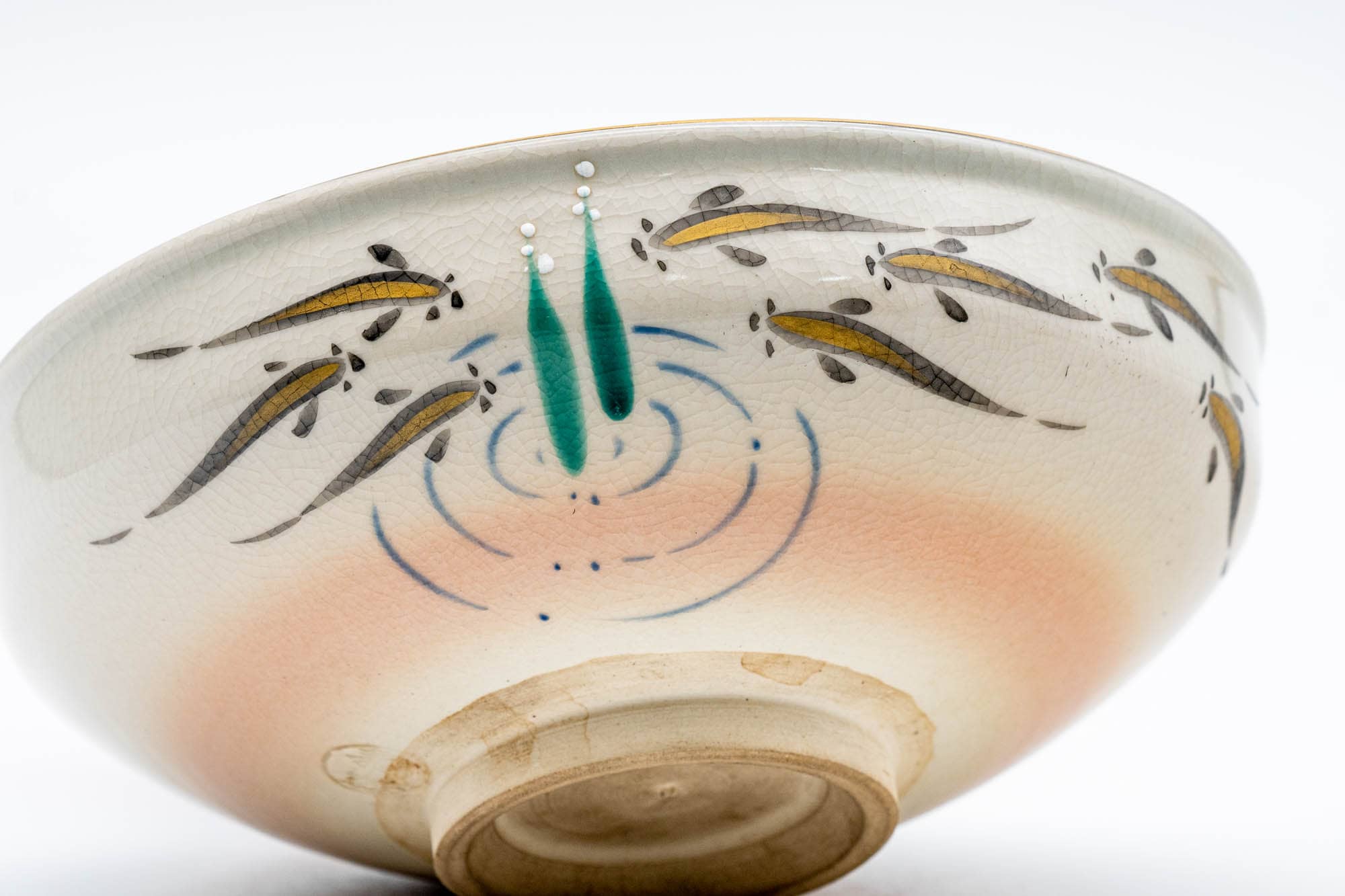 Japanese Matcha Bowl - Beige Gold Floral Kyo-yaki Hira-gata Chawan - 200ml