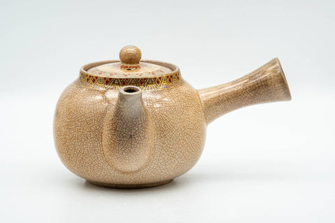 Tezumi — Japanese Kyusu - Weathered Beige Floral Bamboo Decorated Debeso Teapot - 270ml — three-quarter view from the opposite side
