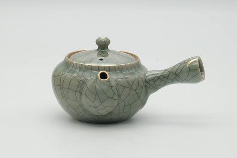 Tezumi — Japanese Kyusu - Golden Horse Green Celadon Glazed Obori Soma-yaki Porcelain Teapot - 200ml — three-quarter view from the opposite side