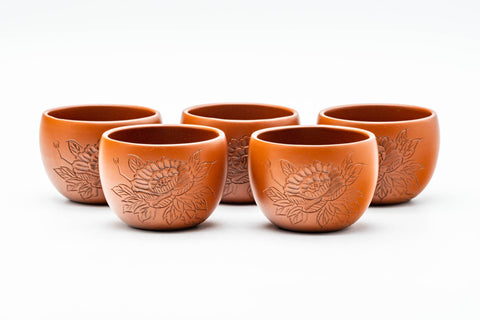 Japanese Tea Set - Camellia Engraved Shudei Tokoname-yaki Kyusu Teapot with 5 Yunomi Teacups