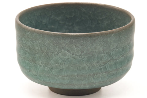 Tezumi — Japanese Matcha Bowl - Teal Snowflake Glazed Hantsutsu-gata Chawan - 410ml — inverted showing the foot ring
