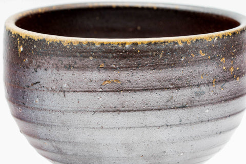 Side view of the Bizen chawan showing the ash gradient and throwing-ring texture