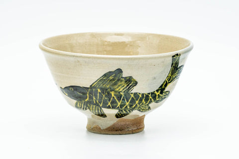 Japanese Matcha Bowl - 朝日焼 Asahi-yaki - Beige Fish Decorated Chawan in Wooden Box - 300ml
