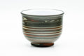Nerikomi Tokoname-yaki yunomi, front view, marbled green, red and yellow horizontal striations with a white-glazed inner rim