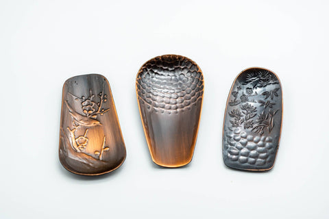 Japanese Chataku - Set of 5 Hammered Copper Uniquely Engraved Tea Saucers with 3 Chasaji Tea Scoops in Wooden Box