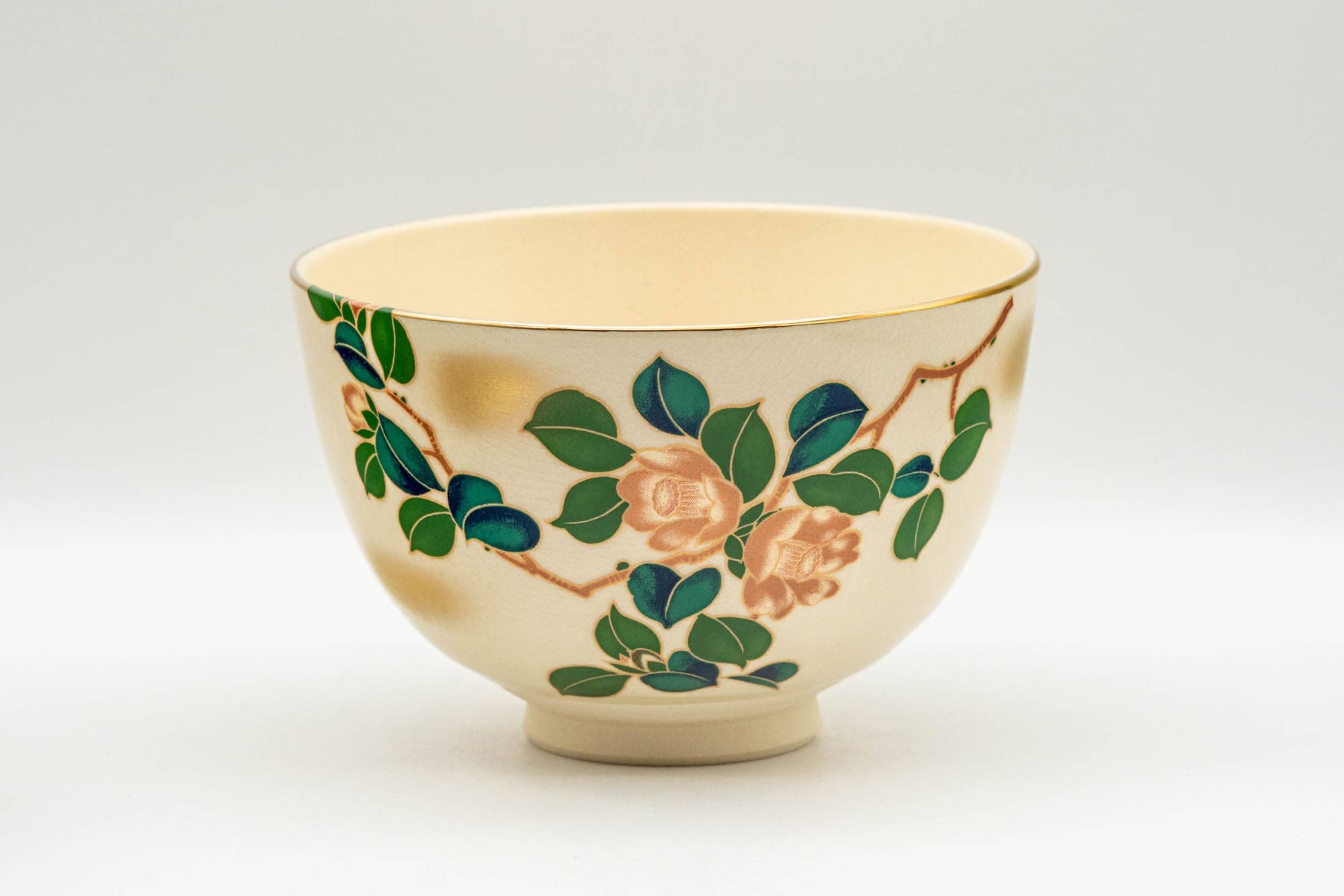 Japanese Matcha Bowl - Beige Floral Wan-nari Kyo-yaki Chawan - 400ml