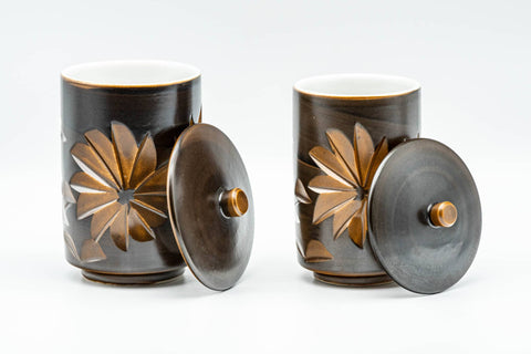 Japanese Teacups - Pair of Brown Floral Tsutsu-gata Lidded Meoto Yunomi