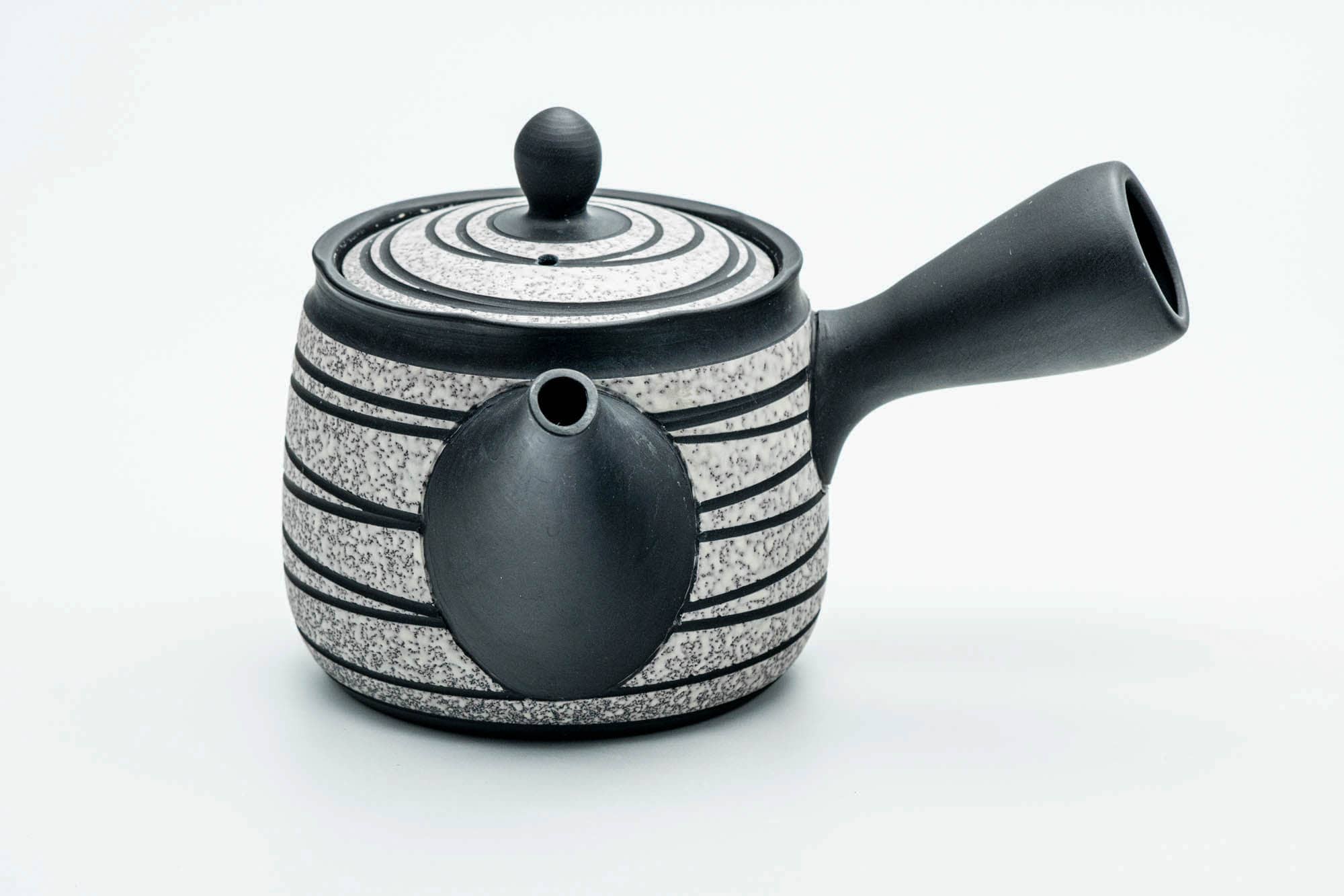 Japanese Kyusu - Black Striped White Textured Tokoname-yaki Obi-ami Mesh Teapot - 360ml