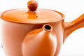 Close-up of the spout and lower body showing the smooth red shudei clay.