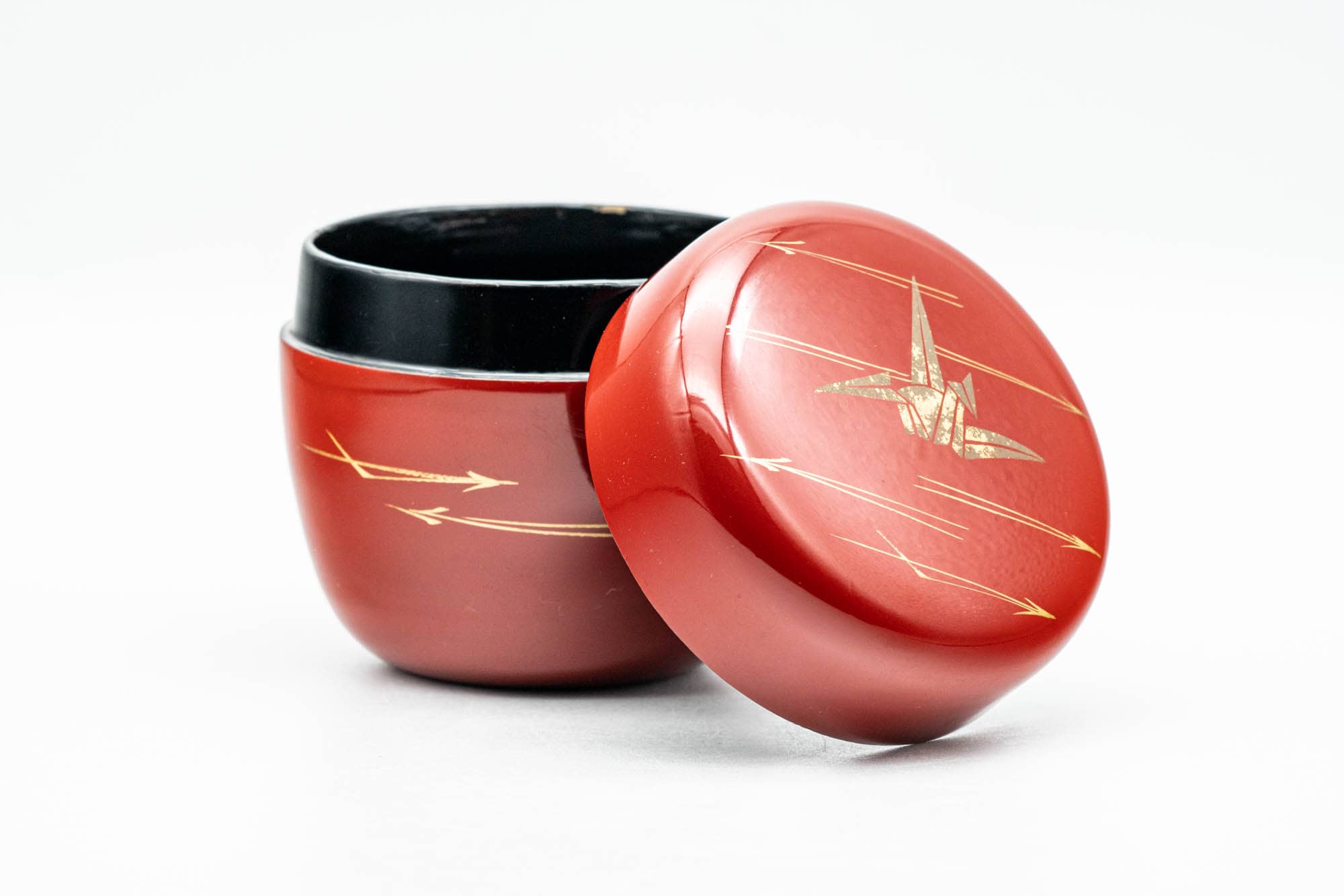 Japanese Natsume - Gold Crane Red Black Lacquered Tea Caddy - 85ml
