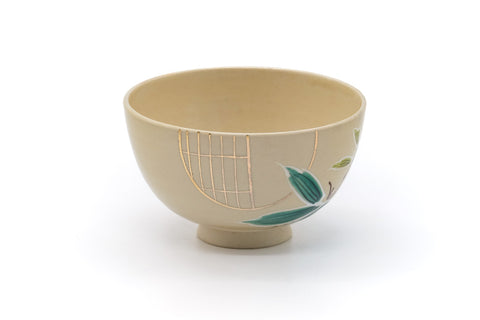 Japanese Matcha Bowl - Beige Gold Floral Chawan - 350ml