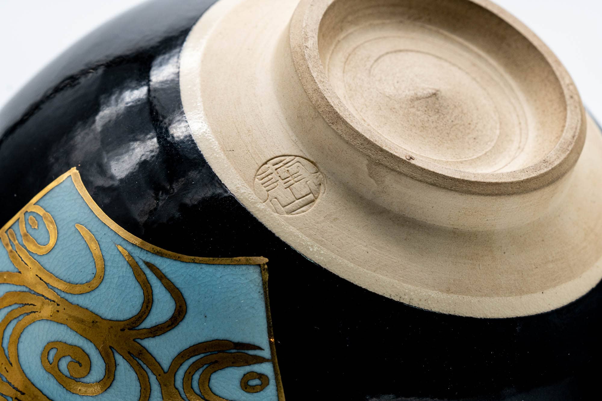 Japanese Matcha Bowl - Black Gold Teal Wan-nari Kyo-yaki Chawan - 250ml
