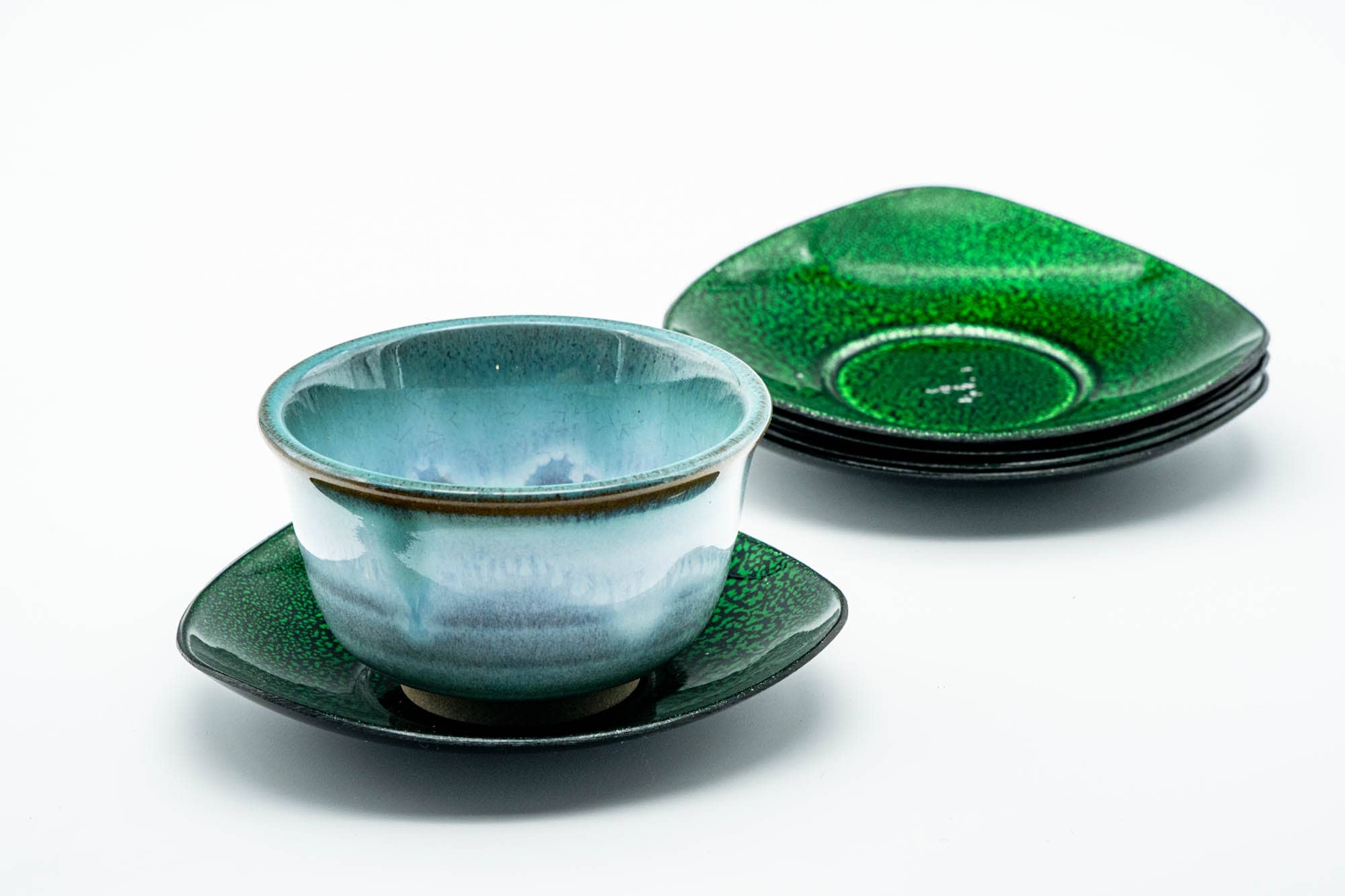 Japanese Chataku - Set of 5 Green Speckled Black Lacquer Triangular Tea Saucers