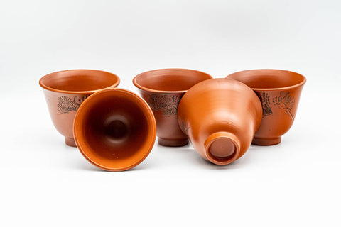 Japanese Tea Set - 光昇 Shoryu Kiln - Floral Engraved Tokoname-yaki Kyusu Teapot with Katakuchi Water Cooler and 5 Yunomi Teacups