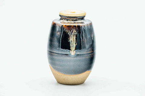Japanese Chaire - 桶谷定一 Teiichi Oketani - Black Drip-Glazed Katatsuki Kyo-yaki Tea Canister with Shifuku