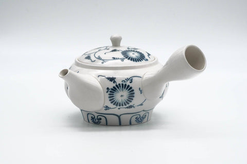 Tezumi — Japanese Kyusu - Blue Floral Arita-yaki Mesh Filter Teapot - 340ml — three-quarter view from the opposite side