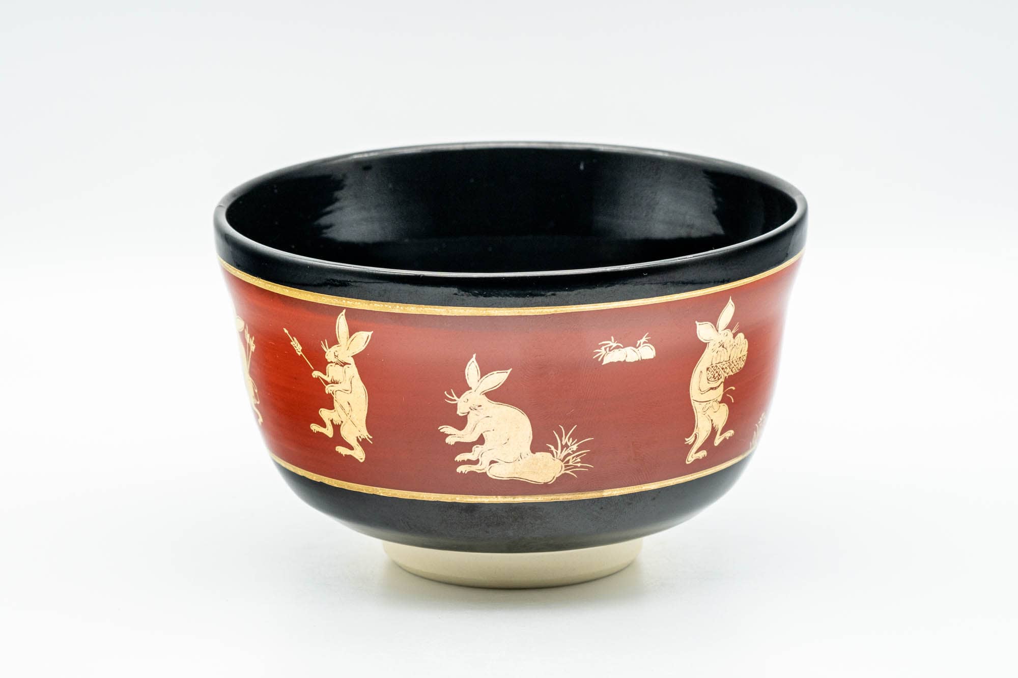 Japanese Rabbit Bowl Japanese Matcha Bowl - Gold Bunny Rabbits Black Red Glazed Kyo-yaki Ch ...