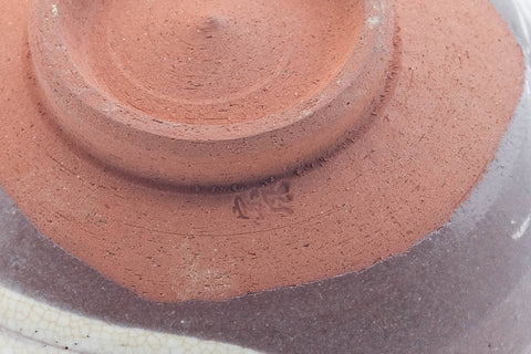 Tezumi — Japanese Matcha Bowl - Magenta Grey White Hakeme Chawan - 400ml — closeup of the glaze