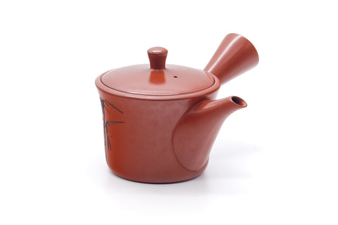 Tezumi — Japanese Kyusu - Bamboo Engraved Tokoname Mesh Teapot - 260ml — side view with the lid and side handle