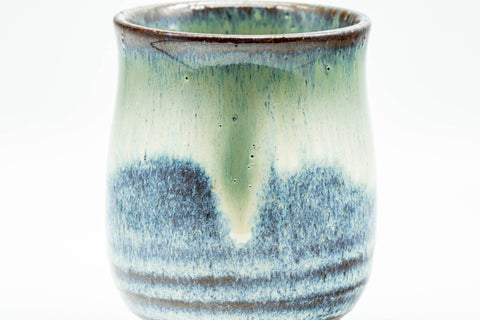 Tezumi — Japanese Teacup - Green White Hare's Fur Drip-Glazed Agano-yaki Yunomi - 175ml — tipped to show the interior